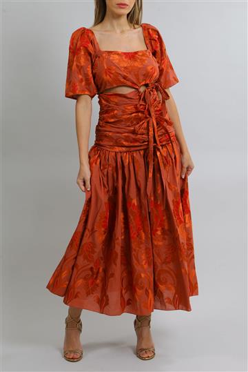 Vestido Cris Barros Bordado e Recortes Terracota