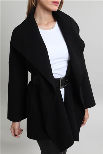 Casaco Salvatore Ferragamo Overcoat de Lã com cinto de Couro e Logo Preto