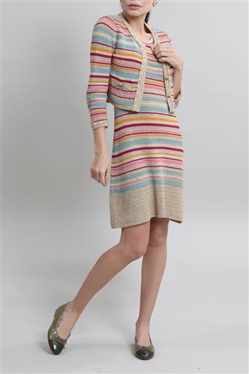Conjunto Chanel Vestido e Casaqueto Tricô Colorido