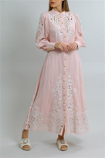 Vestido Zimmermann Longo de Linho e Bordados Rosa