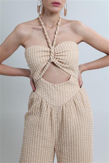 Macacão Paula Raia Recortes e Texturizado Bege