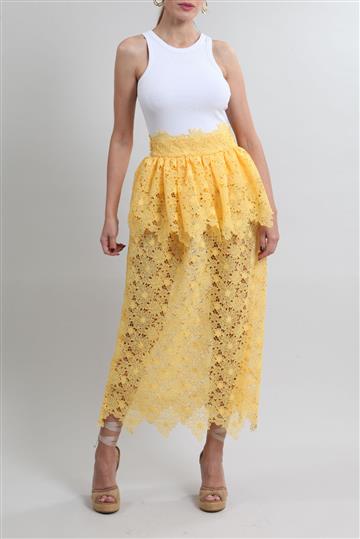 Saia Paula Raia Midi Peplum Rendada Amarela