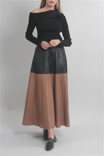 Saia Cruise Couro Plissada Bicolor Preta