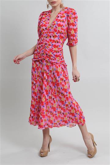Vestido Cris Barros Floral Drapeado Rosa