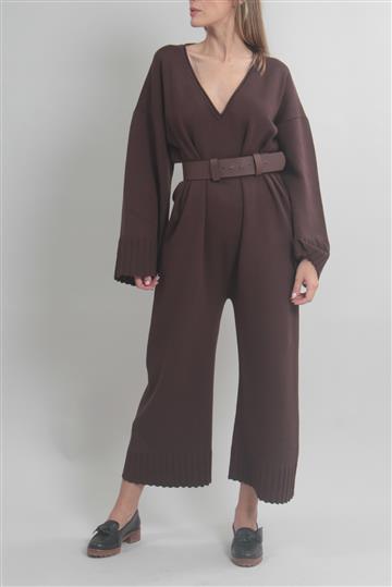 Macacão Paula Raia Tricô com Cinto de Couro Marrom