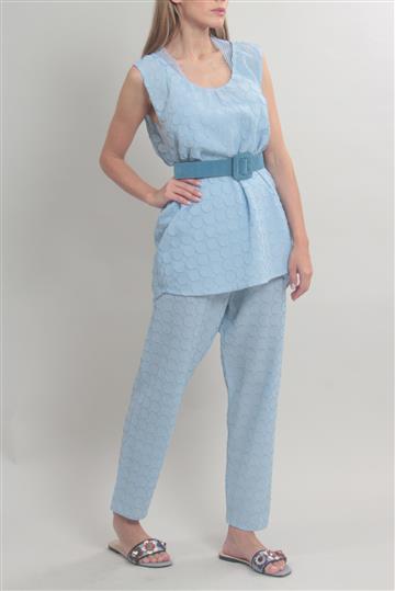 Conjunto Paula Raia Calça,Top, Regata e Cinto Camurça Azul