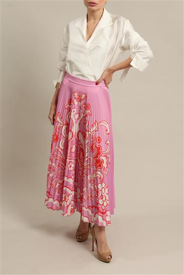Saia Valentino Plissada Arabescos Rosa