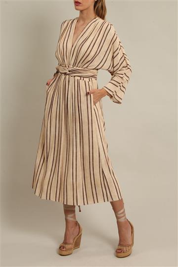 Vestido Cris Barros Midi Listrado Bege