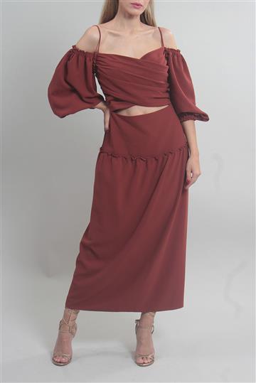 Vestido Paula Raia Crepe com Recortes Marrom