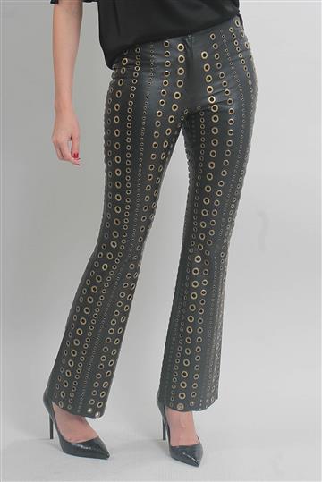 Calça Cruise Couro com Ilhós Dourado Preta