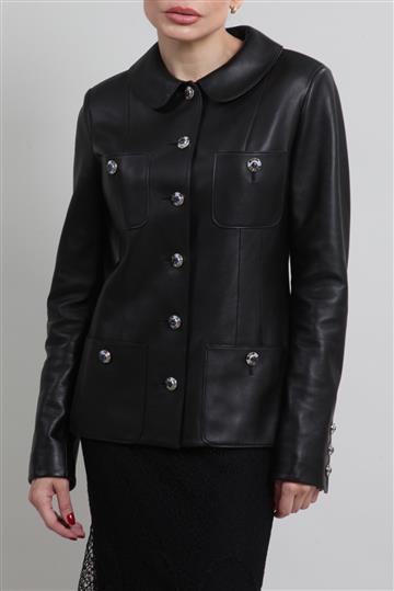 Blazer Chanel Couro Cordeiro com Botões de Pedrarias Preto