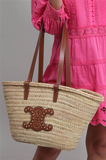 Bolsa Celine Triomphe Tote Palha Logotipo Cravejado Marrom