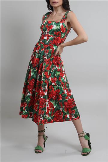 Vestido Dolce & Gabbana Decote Quadrado e Alças Floral Vermelho