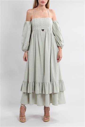 Vestido A. Niemeyer Longo pregueado com Recortes Verde