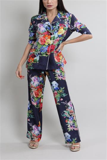 Conjunto Louis Vuitton Pijama Seda Floral Monograma Azul