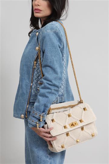 Bolsa Valentino Roman Stud Tricô Shoulder Bag Off-White