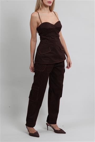 Conjunto Framed Corset e Calça Risca de Giz Marrom