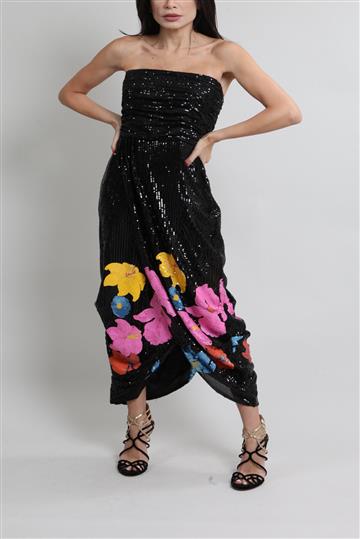Vestido Cris Barros Romana Paetês Floral Preto