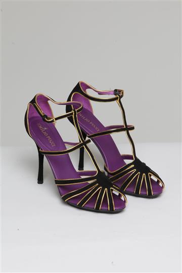 Sandália Emilio Pucci Camurça Recortes Dourados Preta