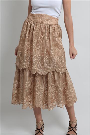 Saia Paula Raia Renda com Camadas e Bordados Bege
