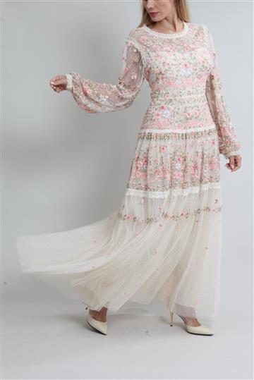 Vestido Needle and Thread Longo Bordados Florais Rosa