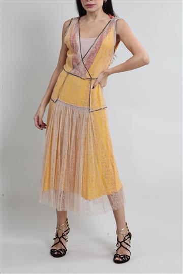 Vestido Bottega Veneta Transpassado Renda Amarelo