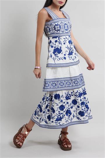 Vestido Alexis Midi Linho com Bordados Azul