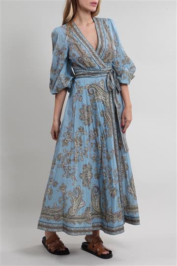 Vestido Zimmermann Longo Algodão Transpassado Azul