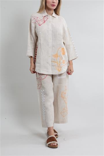 Conjunto Paula Raia Linho com Bordados Bege