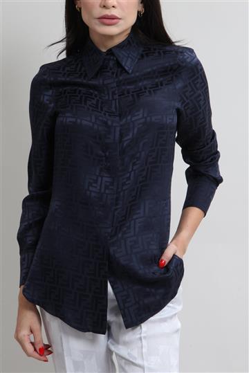Camisa Fendi Seda Monograma Azul