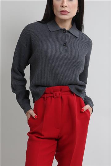 Blusa Brunello Cucinelli Tricô Canelada Gola Polo Cinza