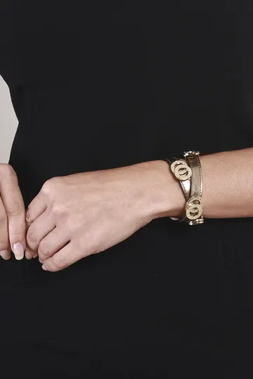 Pulseira Bvlgari Dupla Couro Metalizado e Ouro Dourada