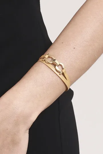 Pulseira Salvatore Ferragamo Couro e Metal Escovado Caramelo