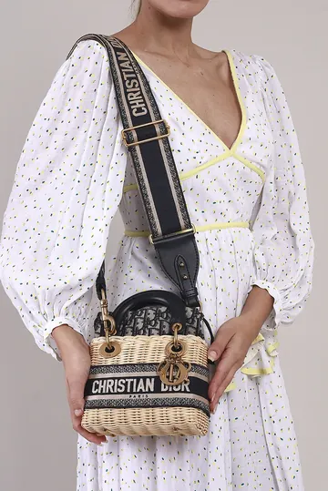 Bolsa Christian Dior Mini Lady Dior Rattan e Jacquard Azul