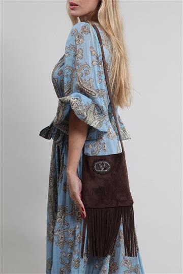 Bolsa Valentino Nellcôte Franjas Camurça Marrom