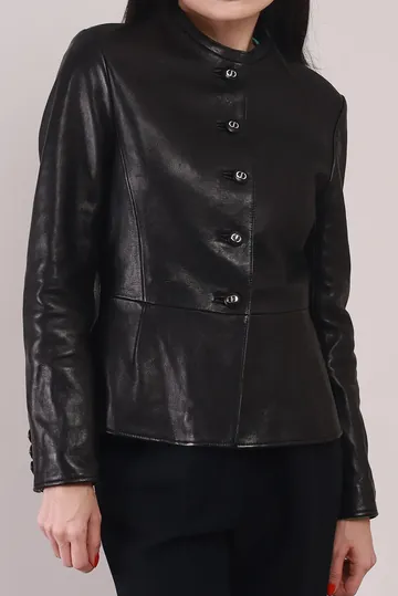 Jaqueta Christian Dior Couro Peplum Botões Monograma Preta