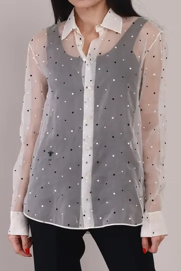 Camisa Christian Dior Organza Poá e Logo Bordado Branca