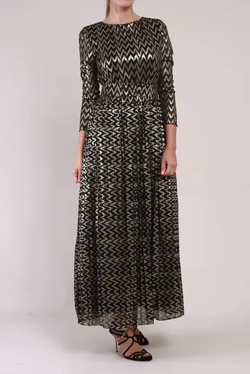 Vestido Mixed Chevron Metalizado Preto