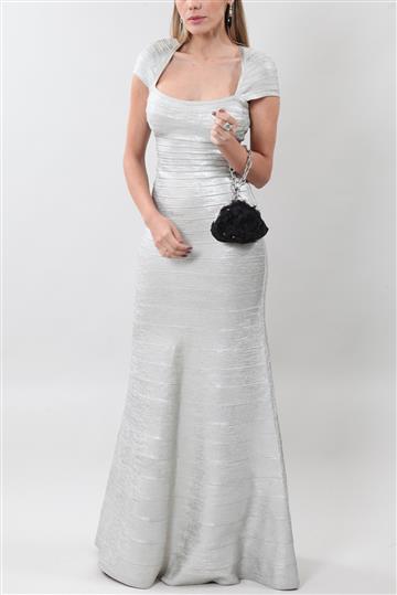 Vestido Herve Leger Longo Bandagem Prateado
