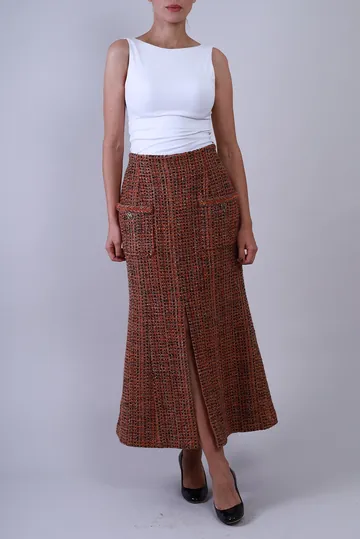 Saia Chanel Tweed Bouclê Metalizado Laranja