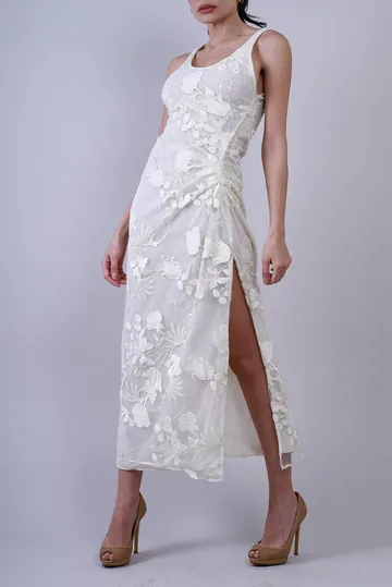 Vestido Cris Barros Lu Midi Bordado Off-White