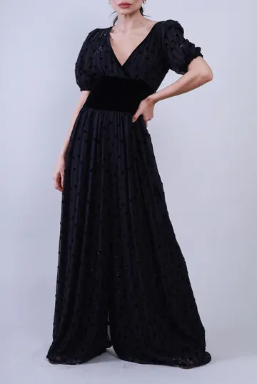 Macacão Valentino Seda e Veludo Poás Preto