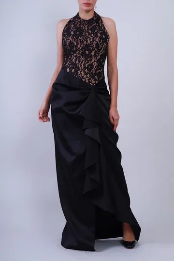 Vestido Achados da New Longo Cetim e Renda Preto