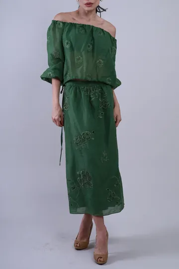 Conjunto Cris Barros Bordados Florais Verde