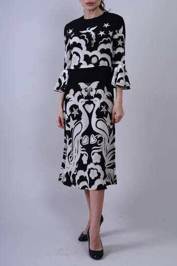 Vestido Valentino Seda Estampado Evasê Bicolor