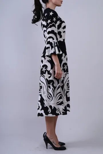 Vestido Valentino Seda Estampado Evasê Bicolor