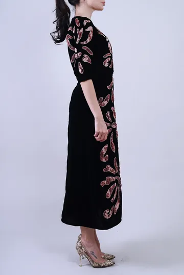Vestido Achados da New Veludo Bordado Sea NY Preto