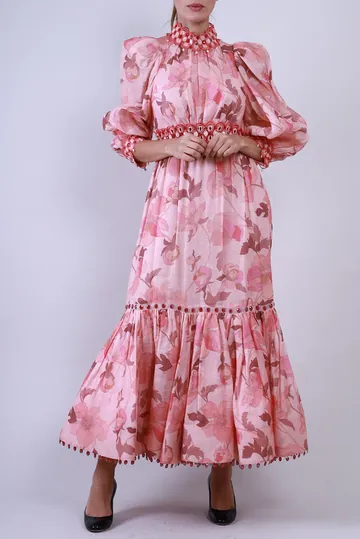 Vestido Zimmermann Longo Estampado Pedrarias Rosa