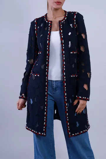 Casaco Chanel Navy Tweed Burn-Out Longo Azul
