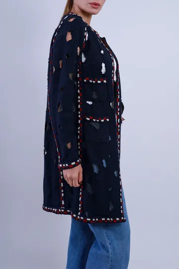 Casaco Chanel Navy Tweed Burn-Out Longo Azul